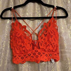 Free People One Adella Orange Longline Lace Smocked Bralette M
